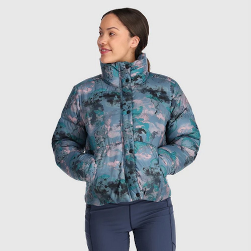 outdoor research coldfront down jacket XL womens nimbus watercolor 700 fill EUC